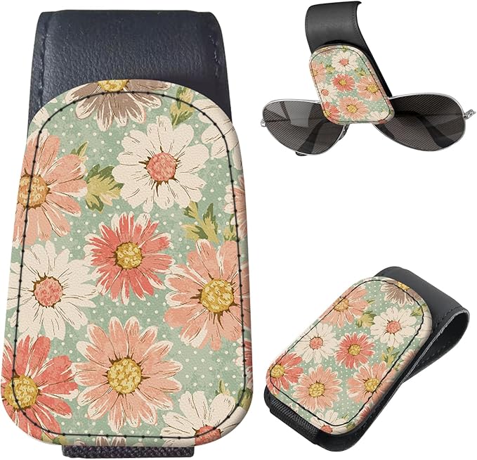 Sunglasses Holder for Car Visor, PU Leather Glasses Clip Organizer, Cute Magnetic Eyeglass Holder for Vehicle Sun Visor, Car Interior Accessory for Women & Men Retro Daisy Floral