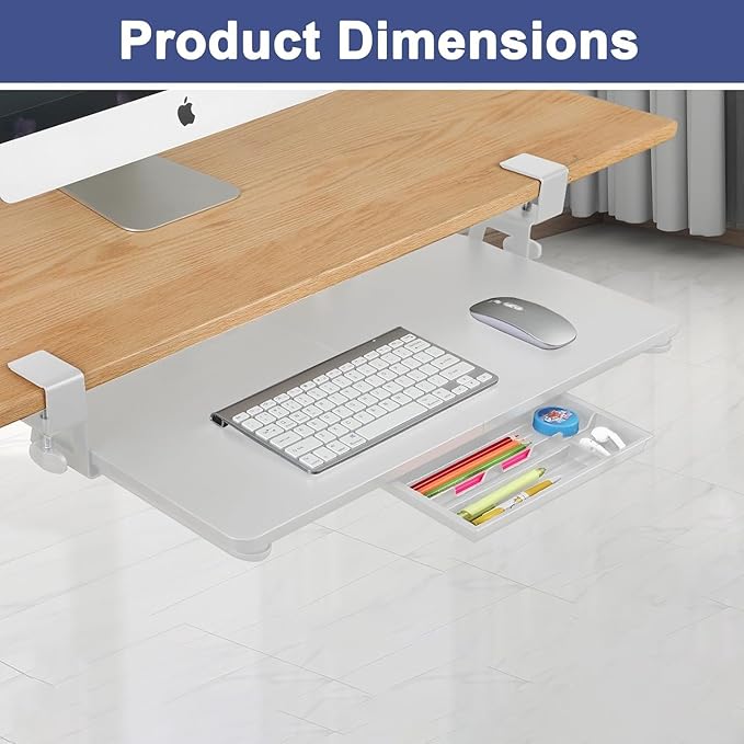 Desktop Keyboard Tray, Pull-Out Under The Table, 26.77 "X 11.81" Large-Sized Keyboard Tray, C-Shaped Lip Holder, Easy to Install, Suitable for Home Learning and Office Use(White)