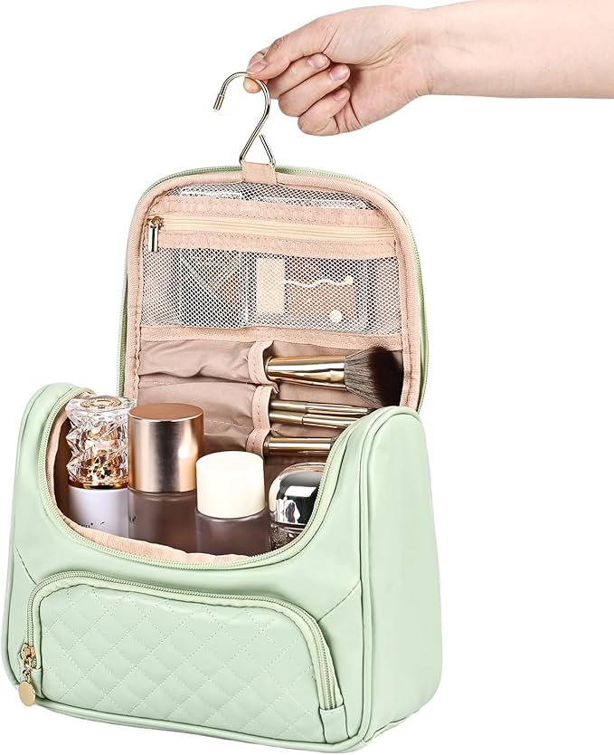 Greenfeather Cosmetic Bags for Women，Hanging Toiletry Bag with Makeup Brush Womens Travel Toiletry Bag for Women Essentials Travel Organizer for Full Sized Cosmetics and Toiletries Green