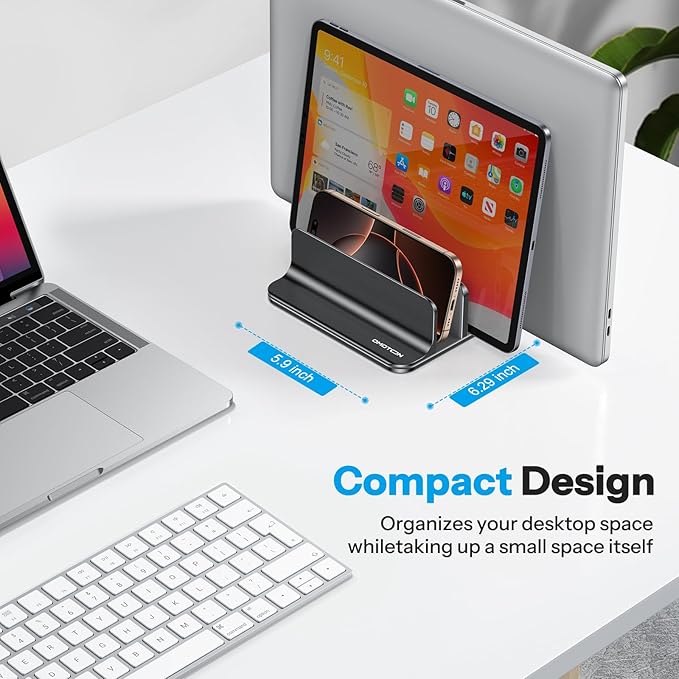 OMOTON Vertical Laptop Stand [Updated 3-Slots Version], Desktop Aluminum Mac Book Stand with Adjustable Dock Size, Fits All Mac Book, Surface, Chrome Book and Gaming Laptops (Up to 17.3 inch), Black