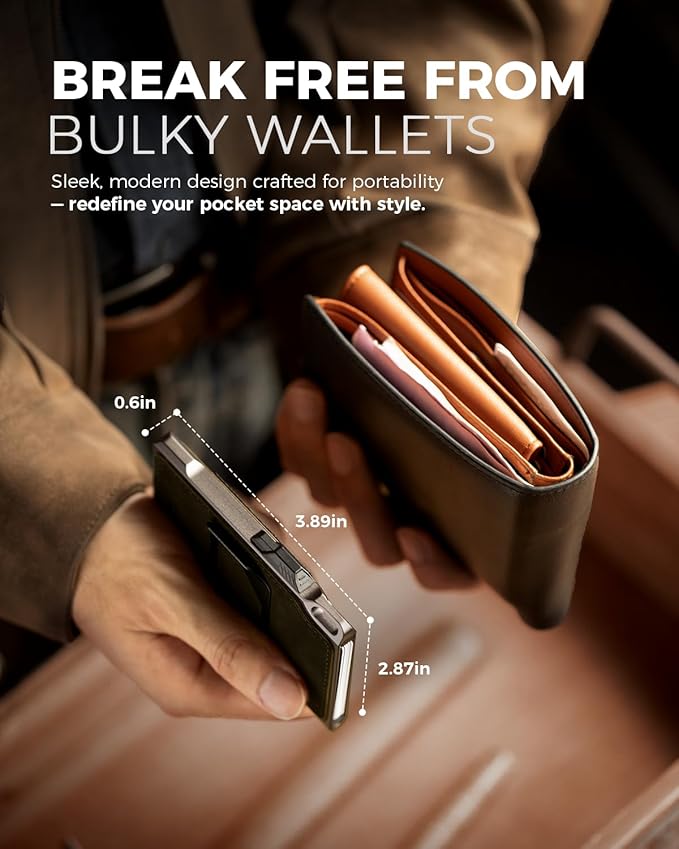 LORZOR Slim Tactical Wallet for Men- Minimalist Full Grain Leather Wallet for 10 Cards, RFID Blocking Aluminum Cardholder, Smart Pop Up Card Case, Front Pocket, Money Clip, Gift for Men(ArmyGreen)