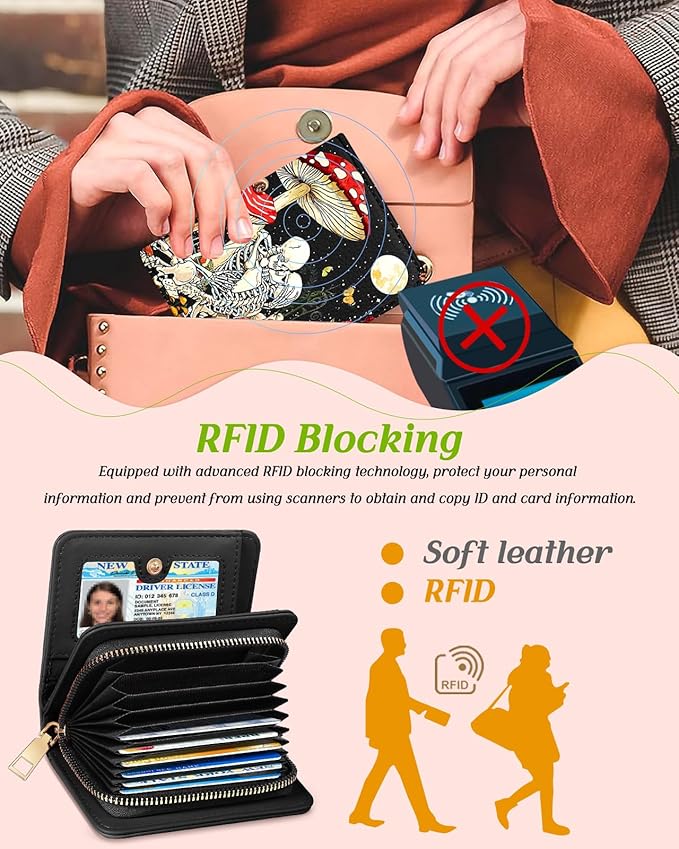 Bistup Credit Card Holder Wallet for Women Cute Leather Ladies Teen Girls Female Cardholder Wallets Accordion Purse Small Medium Aesthetic Print Mushroom Skull Unique Modern Y2k Rfid Zipper Around