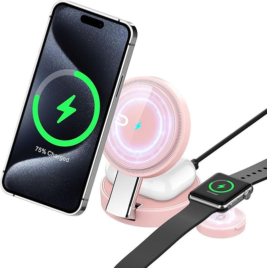 3 in 1 Magnetic Wireless Charging Station for iPhone 17/16/15/14/13/12 Series, Apple Watch and AirPods, MagSafe-Compatible 15W Fast Charging Stand, Foldable Adjustable Travel Charger, Pink
