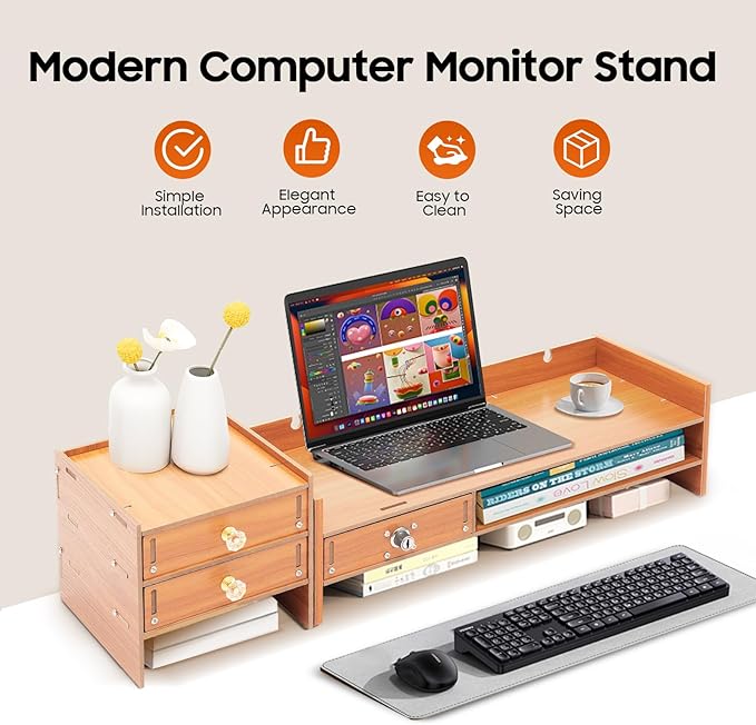 Monitor Stand Riser 25.8" Bamboo Desk Organizer with Drawer and Mobile Phone Holder, Natural Bamboo Shelf for Computer, Laptop, Office Accessories, Multi-Purpose for Home Office