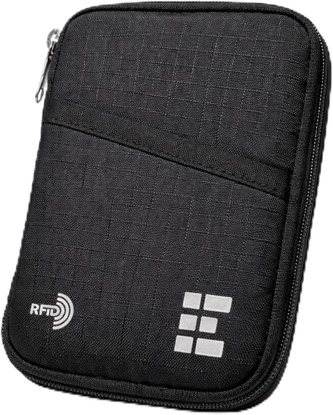 Zero Grid RFID Passport Holder & Travel Wallet, Zippered Wallet for Men & Women, Fits Passport, Cards, Cash, Tickets, ID, Sim Card; Premium & Compact Travel Document Holder - Midnight Black