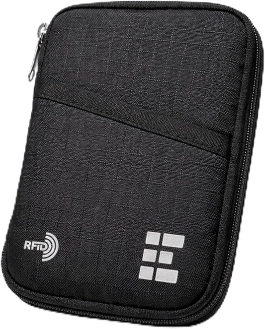 Zero Grid RFID Passport Holder & Travel Wallet, Zippered Wallet for Men & Women, Fits Passport, Cards, Cash, Tickets, ID, Sim Card; Premium & Compact Travel Document Holder - Midnight Black