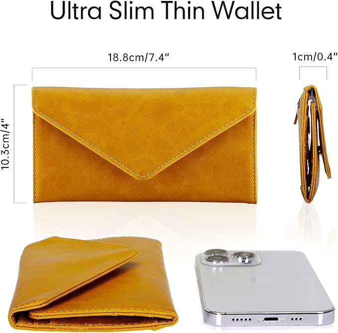 RFID Credit Card Holder Wallets, Envelop Style, Vegan Leather, 2 ID Windows, 1 Coin Pocket, Long Clutch, Ginger