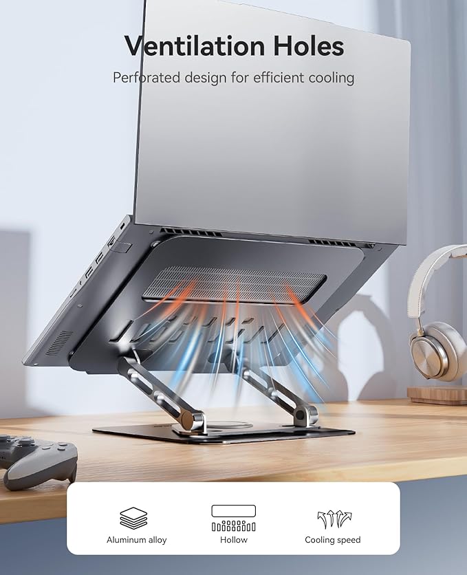 ORICO Adjustable Laptop Stand for Desk, 360° Rotating Base, Foldable Aluminum Alloy Computer Stand with Ventilated Design, Compatible with MacBook Air/Pro, Dell, XPS, HP up to 17'' - ST12, Gray