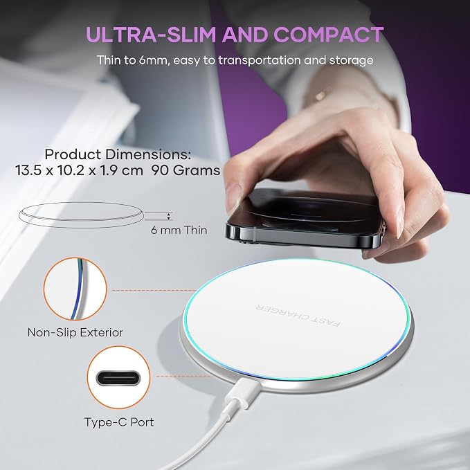 Wireless Charger Compatible with iPhone 17 16 15 14 13 12 11 Pro Max/Mini/Plus/XR/X/8, 15W Max Fast Wireless Charging Pad Mat for Samsung Galaxy S23/S22/S21/S20/S10, Galaxy Buds
