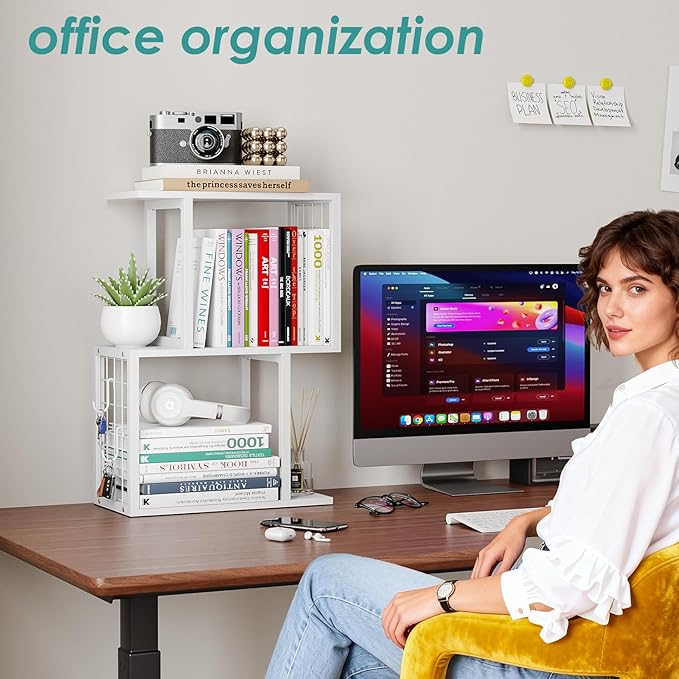 Desktop Bookshelf Organizer, White 3-Tier Desk Shelf with Metal Hook Workspace Organizers for Desk Organization and Office Storage Table Bookcase