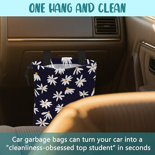 Car Garbage Bag Chamomile Flowers Hanging Canvas Car Trash Bag Waterproof Drawstring Car Back Seat Organizer for Car Back Front Seat Console with Adjustable Buckle