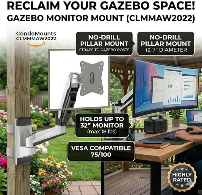 CondoMounts CLMMMAW2022 Pillar Mount | No Drill-Strap on | Height Adjustable |18lbs | up 32 inch TV & Monitor | White | Perfect for Posts in Patio Gazebo | Any Size Pole Larger Then 3 inch