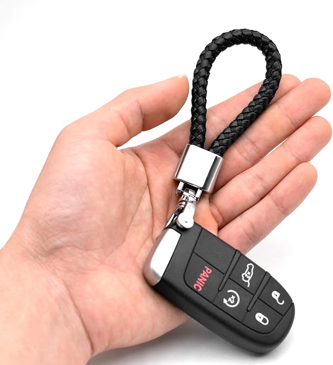 FEYOUN Universal Black Leather Car Fob Keychain Metal Keyring Woven Strap Braided Rope Key Chain for Men and Women - Silver Color, with 360 Degree Rotatable D-ring and Screwdriver