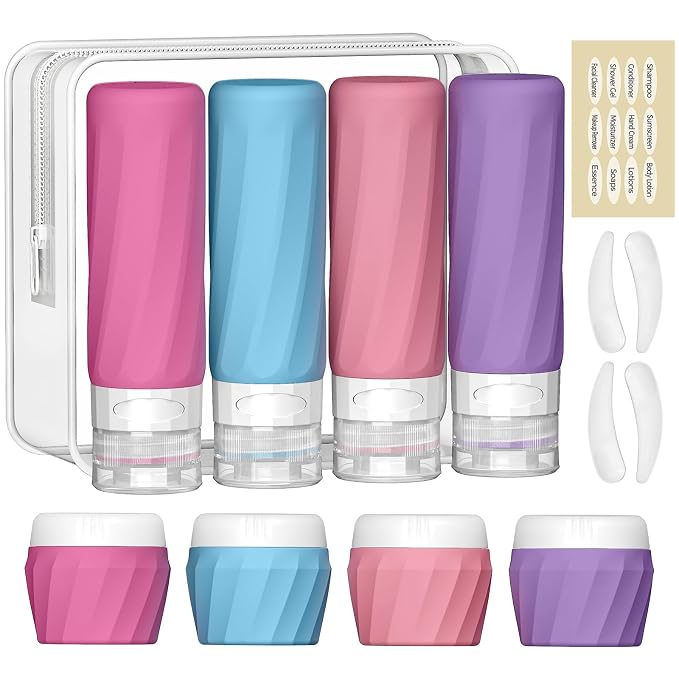 Silevoler 14pack Travel Bottles for Toiletries, TSA Approved Travel Size Toiletries Containers Set, Premium Silicone Leak Proof Refillable Bottles & Creams Jars Accessories Kit W/Clear Bag (Vibrant)