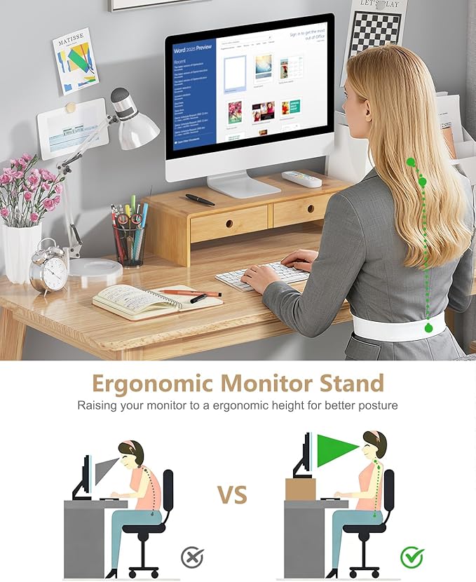 Ufine Bamboo Monitor Stand with 2 Drawers Desktop Organizer Computer Screen Laptop Riser Ergonomic Height for Home Office