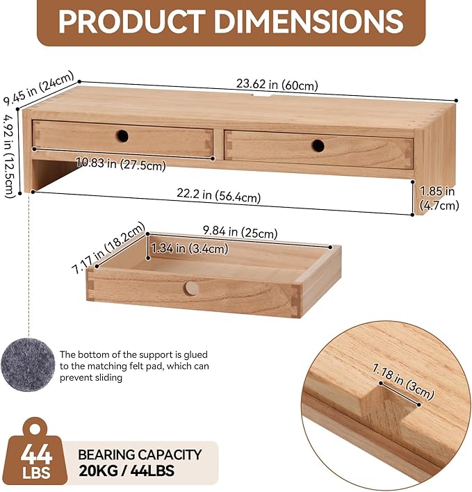 KIRIGEN Wood Monitor Stand with 2 Drawers, Solid Wood Computer Monitor Riser for Desk, Desktop Organizer Shelf with Cable Management, Pen Slots, Natural, No Assembly PMJ-NA