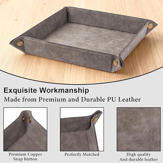Valet Tray Desktop Storage Organizer – Premium PU Leather Catchall Bedside Vanity Tray Nightstand Caddy Holder for Remote Controller, Keys, Phone, Wallet, Coin, Jewelry,Grey