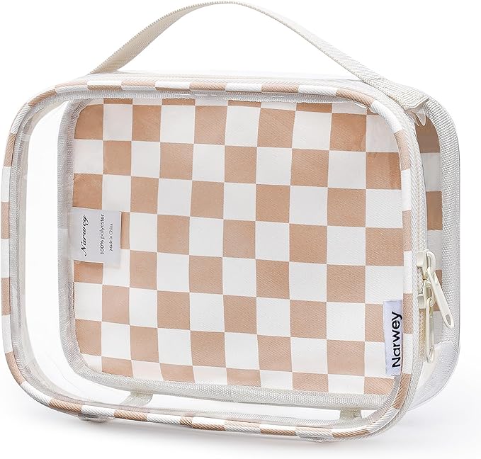 Narwey TSA Approved Clear Toiletry Bag for Travel Waterproof PVC Clear Makeup Bags, Portable Compact Cosmetic Bag Make Up Organizer, Airport Airline Quart Size Compliant Bag (Light Brown Checkerboard)