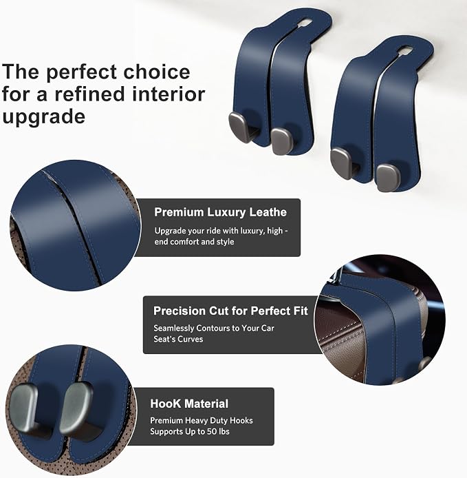 CoBak Purse Hook for Car - Universal Premium Stitched Leather and Aluminum-Magnesium Alloy Double Car Seat Back Storage Hook for Purses, Handbags, Bags (2 Pack),Indigo Blue