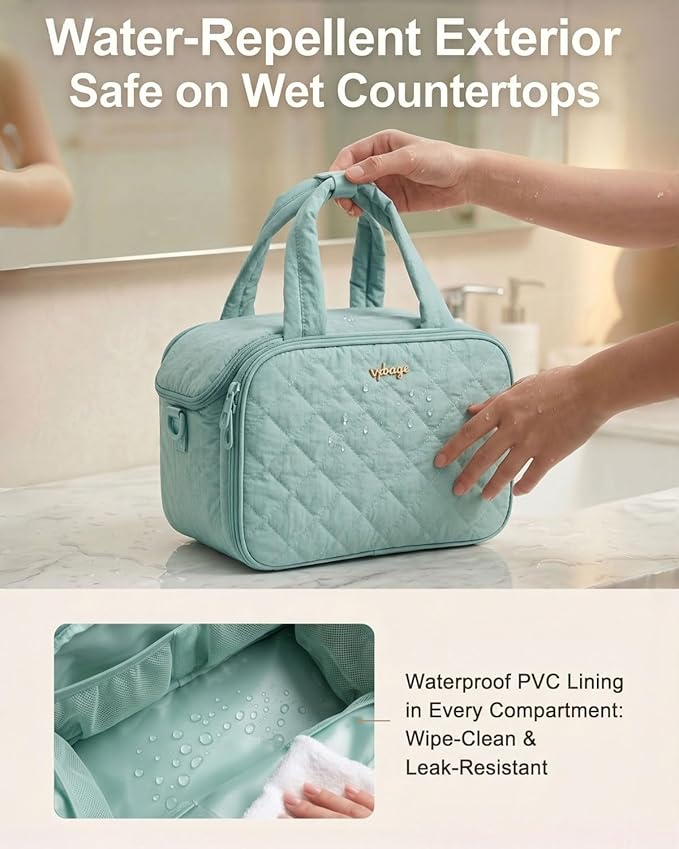 Lightweight Structured Travel Toiletry Bag for Women - Wide-Open Puffer Mini Duffel with Removable Divider, Waterproof Lining, Water-Resistant Exterior, Fits Full-Size Bottles & Shower Essentials