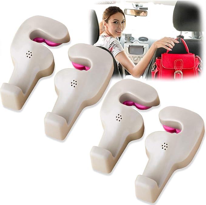 Beige-4Pack Car Purse Hooks (ABS), Heavy Duty Headrest Hooks for Car