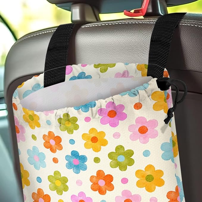 Car Trash Bag Hanging Back of Seat Waterproof Small Cute Printed One-Handed Strap Drawstring Garbage Bags for Car-Flower
