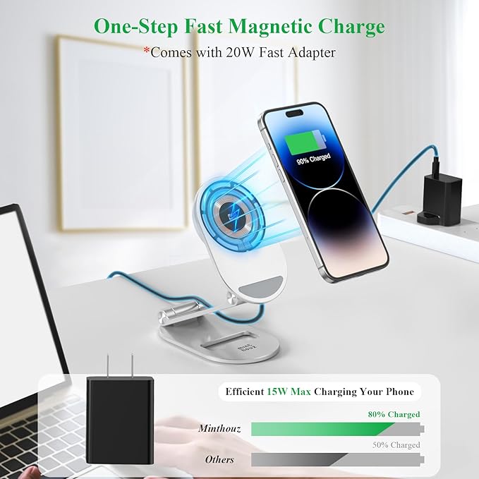 Magnetic Wireless Charger, Minthouz Foldable Mag Safe Charging Stand, Adjustable Wireless Charging Station with 20W Wall Adapter, for iPhone 16 15 14 13 12 Pro/Max/Plus, AirPods 3/Pro 2/Pro