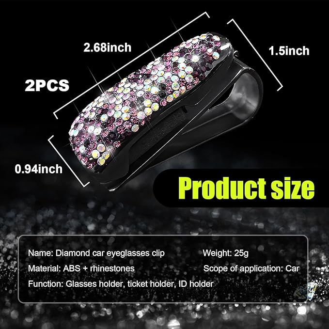 Dickno 2 PCS Bling Sunglasses Holder for Car Sun Visor, Crystal Rhinestones Eyeglasses Hanger Mount with Ticket Card Clip, Universal Vehicle Visor Decor Accessories for Women (Purple & Multicolour)