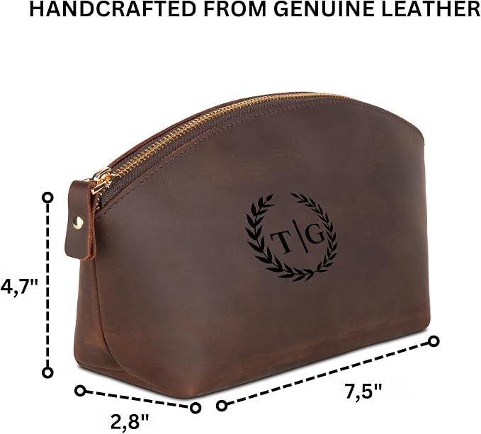 Blade Premium Personalized Genuine Leather Cosmetic Makeup Bag - Wedding Gift for Bridesmaid, Travel Organizer Clutch for Women with Zipper Pouch for Toiletry Essentials (Reddish)