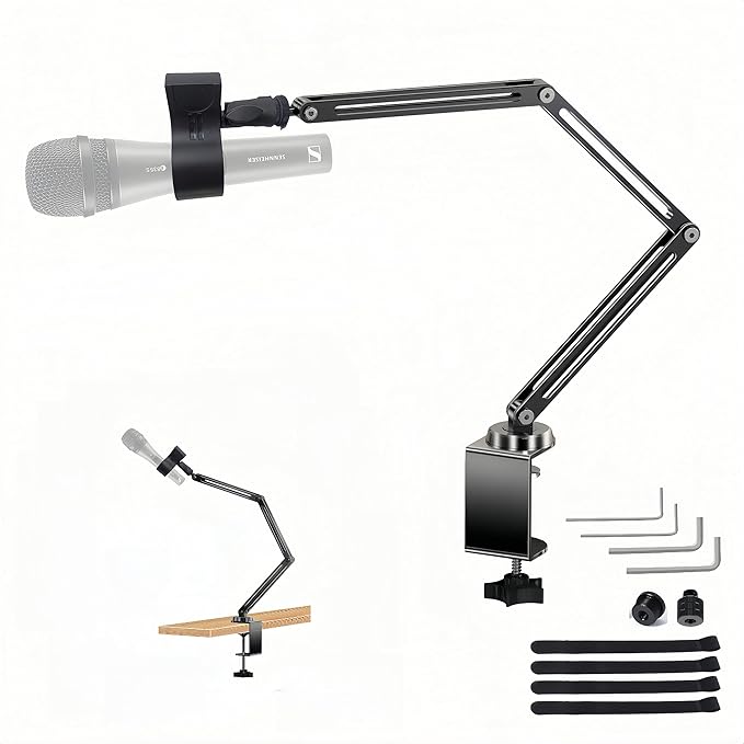 Low Profile Mic Boom Arm Stand 360° Rotatable Adjustable Compact and Foldable Table Microphone Arm Holds 2.5kg with 3/8" to 5/8" Screw Adapter for Game Streaming Podcast Broadcast (C Clamp Mount)