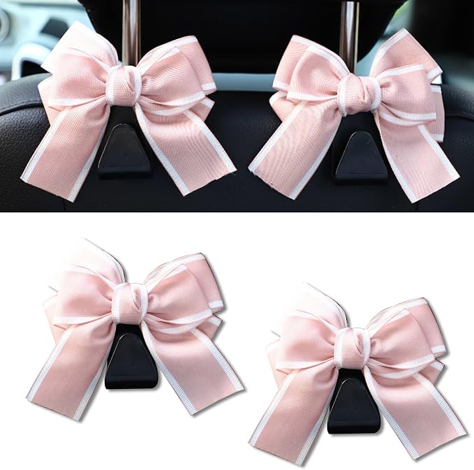 2PCS Car Seat Headrest Hooks, Cute Bow Vehicle Rear Seat Bracket Hook for Purses and Bags, Automotive Purse Hook Hanger, Universal for SUV, Sedan, Truck (Pink+White)