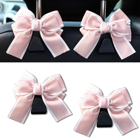 2PCS Car Seat Headrest Hooks, Cute Bow Vehicle Rear Seat Bracket Hook for Purses and Bags, Automotive Purse Hook Hanger, Universal for SUV, Sedan, Truck (Pink+White)