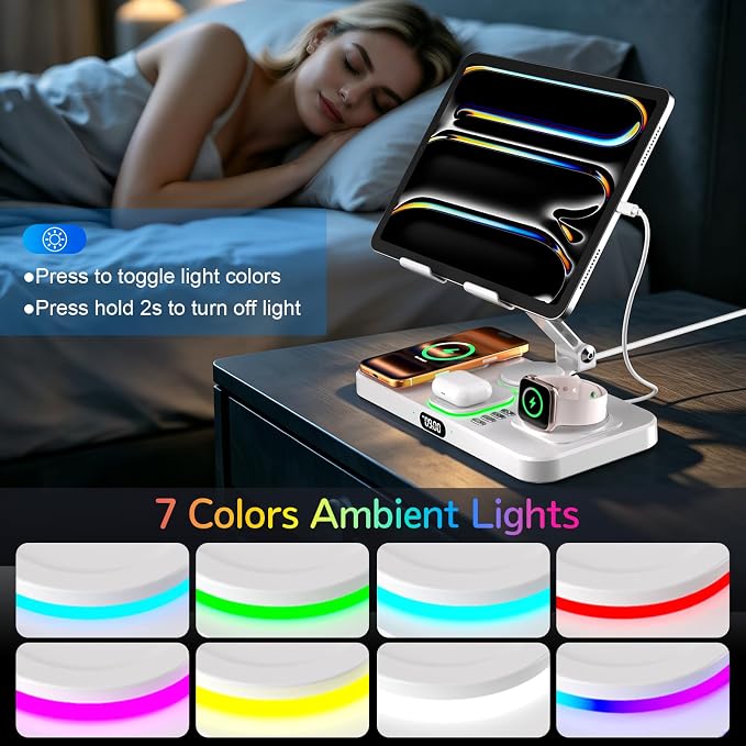 Magnetic Charging Station for Apple Multiple Devices, Wireless Charger with Clock & Light, Foldable Wired Charging Stand for iPad/Tab, Mag-Safe Charger for iPhone 17, for Apple Watch for AirPods