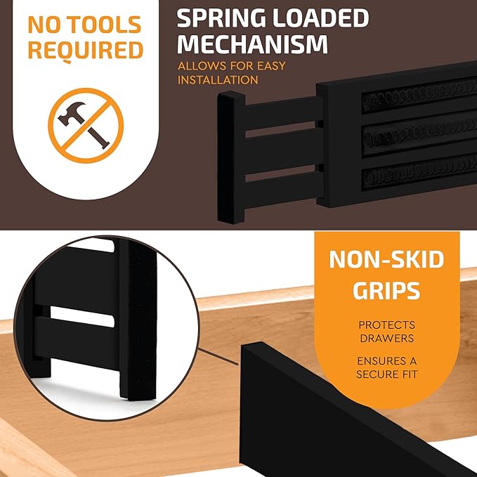 6-Pack Drawer Dividers 6 Inch High, 11??17" Adjustable Bamboo Organizers Large Expandable Drawer Separators for Cloths, Dresser, Bedroom, Bathroom, Baby Drawer, Office & Kitchen Utensils (Black)