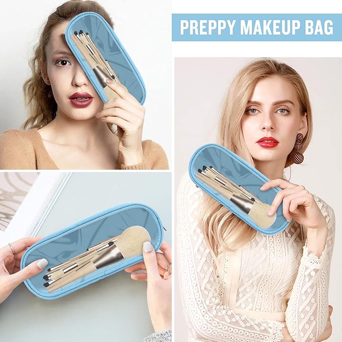 Small Clear Makeup Bag Slim Pencil Pouch, Cute Pencil Case Makeup Bag Preppy Cosmetic Zipper Pouch for Purse, Transparent PVC & Nylon Travel Toiletry Clutch Coin Pouch Makeup Brush Bag for Women(Blue)