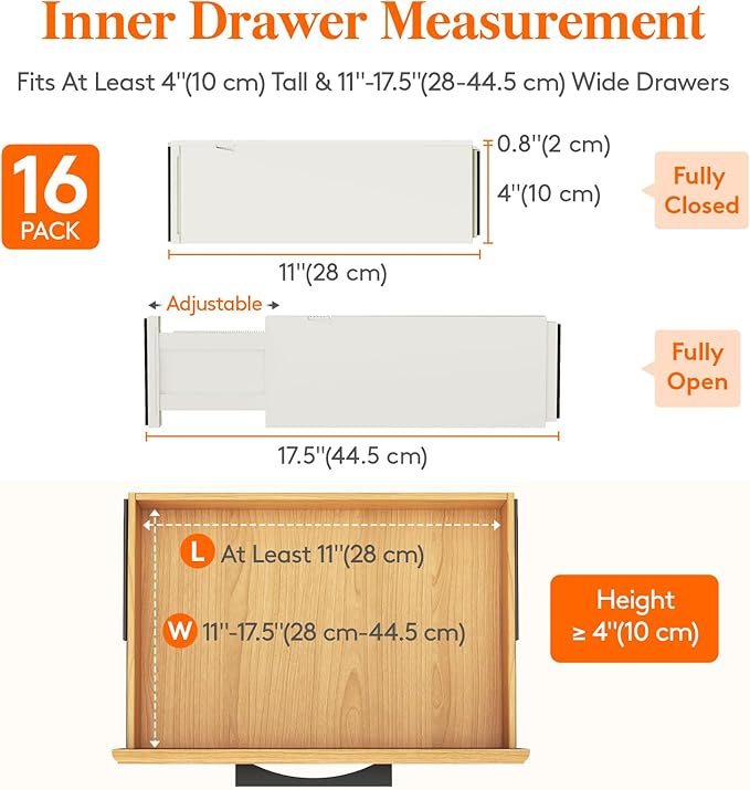 Lifewit 16 Pack Drawer Dividers 4" High 28-43.5cm/11-17" Adjustable Drawer Organizer for Clothes/Utensils, Expandable Drawer Separator in Dresser/Kitchen/Bedroom/Office Organization & Storage Beige