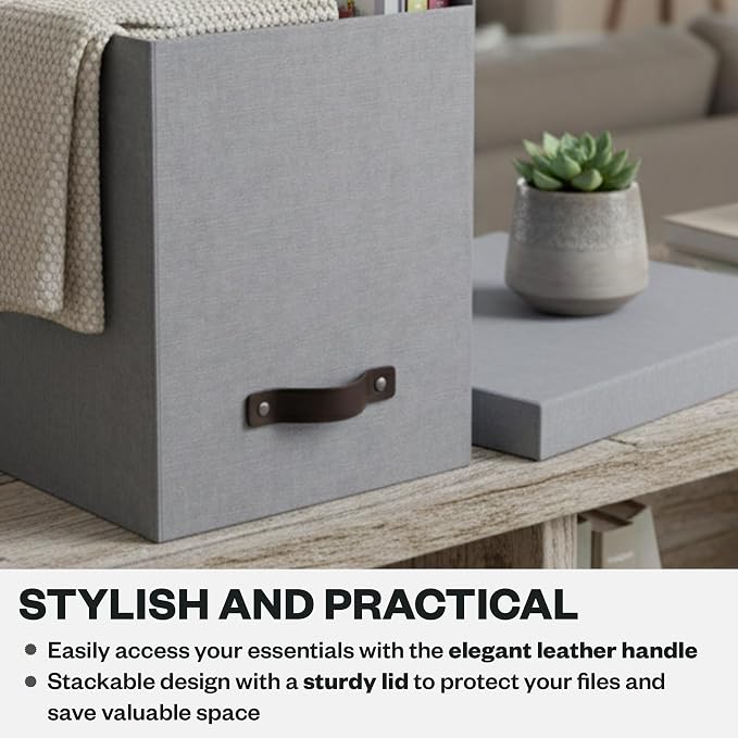 Bigso John Desktop File Box - Storage Solution and Document Organizer for Important Paperwork - Durable Hanging File Box with a Lid and Leather Handle - 7.36 in x 13.26 in x 10.51 in - Ash