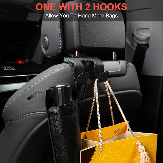 AMVOYOA 【2021 Upgraded】 Car Purse Hook, 2 in 1 Car Seat Headrest Hooks Durable Hanger Storage Holder Leather Organizer for Hanging Grocery Bags, 2 Pack, Black