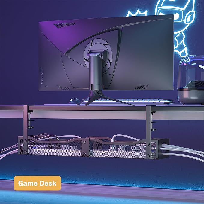 DELAMU 25'' Upgraded Under Desk Cable Management, No Dill Standing Desk Cord Management with Adjustable F-Clamp, Metal Desk Cable Organizer to Under Desk Organizer for Home Office, Black