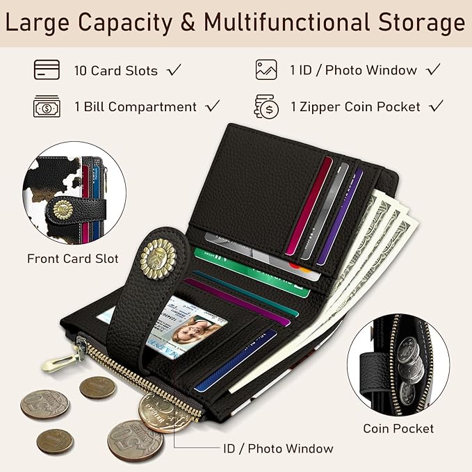 Kelvoris Cow Print Black Small Rfid Women Wallet Bifold Zipper Coin Pocket PU Leather Compact Cash Credit Card Holder Travel Wallet for Female Ladies Teen Girls 1 ID Window 10 Card Slots