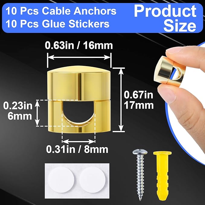 10 Sets Charger Holders for Cords, Gold Color Adjustable Cable Anchor Holders, Adhesive Metal Cord Clips, Cable Management Wire Organizers for Desk, Office, Nightstand