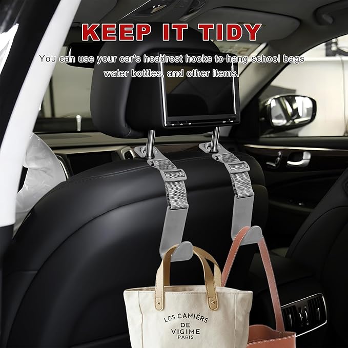 4PCS Car Seat Headrest Hook, Adjustable Vehicle Backseat Hanger Storage Organizer, Universal Seat Back Holder Hooks for Purse Coat Grocery Bag, Car Accessories (Gray)