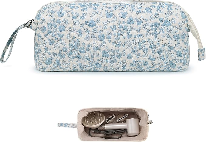 Stratalife Quilted Hair Tools Travel Bag with Polishing Cloth Compatible with Dyson Airwrap Shark Flex Style, Portable Toiletry Bag Hair Dryer Curling Iron Carrying Case Travel Essentials Blue Flower