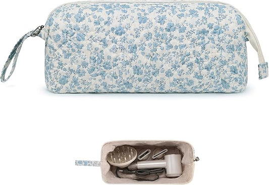 Stratalife Quilted Hair Tools Travel Bag with Polishing Cloth Compatible with Dyson Airwrap Shark Flex Style, Portable Toiletry Bag Hair Dryer Curling Iron Carrying Case Travel Essentials Blue Flower