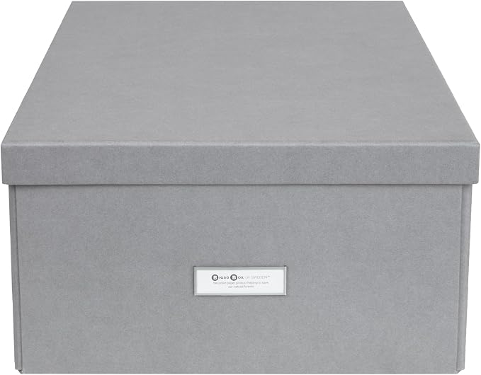Bigso Box of Sweden Katrin Collapsible Storage Box with Labelframe for Easy Identification - Simple Assembly Without Tools - Decorative Storage Boxes with Lids - 13.5in x 17.6in x 7.2in - Gray