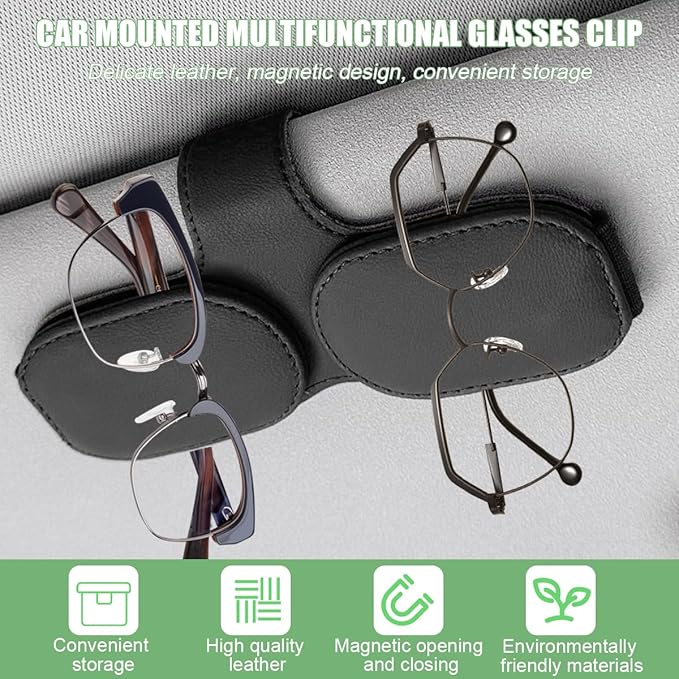 Sunglasses Holders for Car Visor, Magnetic Leather Vehicle Glasses Hanger with 2 Clips, Auto Interior Eyeglass Mount Organizer Accessories, Universal Fit (Black)