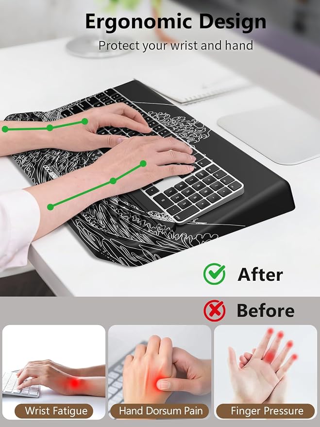 2-in-1 Ergonomic Keyboard Stand with Wrist Rest, Comfy Keyboard Riser Holder with Massage Design, Black Wave of Kanagawa