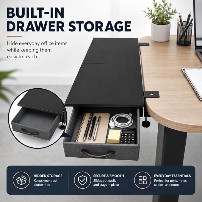 Desk Extender Tray with Drawer, 24 x 12 in, Clamp On Desk Shelf, Black | Extension Table Extender, Keyboard Tray Arm Rest, Front or Side Mount, 55 lbs, Home Office Gaming