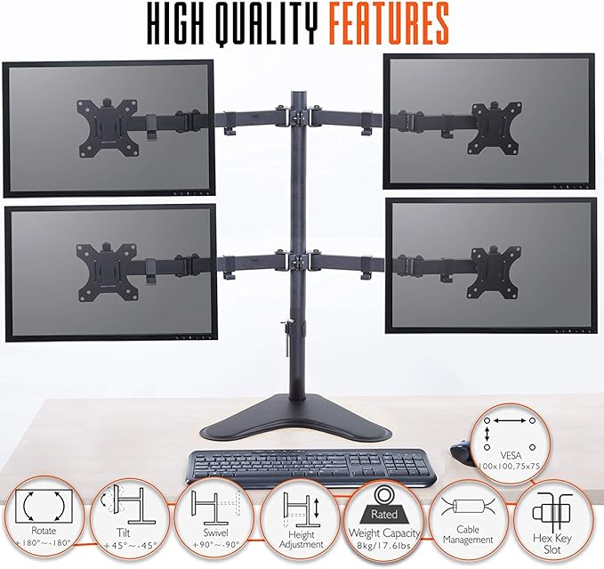 Stand Steady 4-Monitor Mount | Height-Adjustable Stand with Stabilizing Base - Fits Most LCD/LED Monitors 17-32 in (Black)