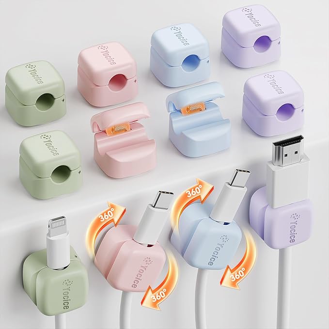 12Pack Rotatable Cord Organizer,Spring Cable Clips Desk Cable Management Cord Holder Adhesive Phone Charger Cord Clips for Home Office Car Wall Nightstand Accessories, Multicolor